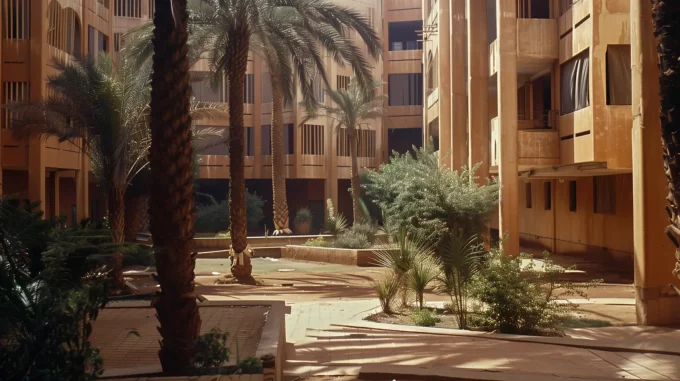 inside a courtyard of an african office complex with palm trees inside and walls are brown stone clad
