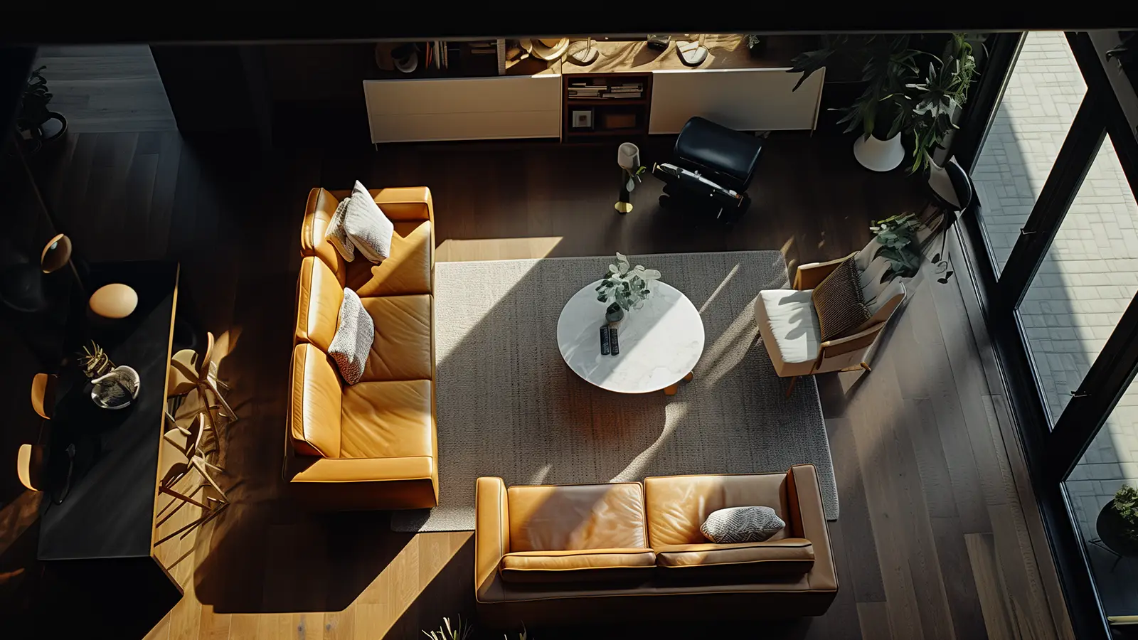 a top down view of furniture in a contemporary designed living room