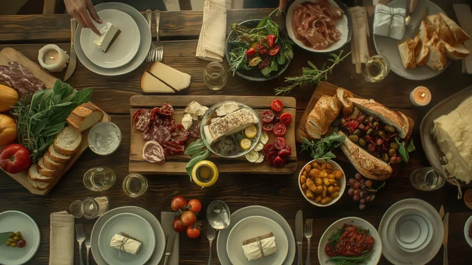 a top down view of a gourmet meal spread out on a table with gorgeous detail