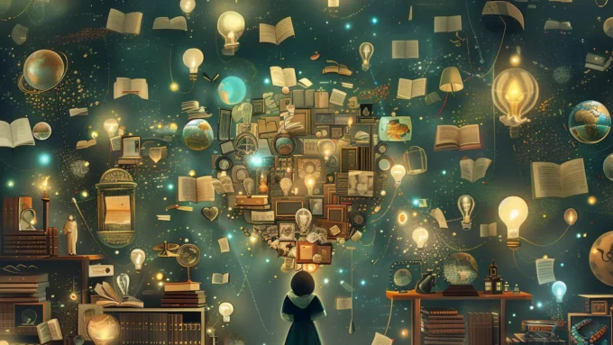a woman standing in a library with lightbulbs, glowing orbs, and other fantastic things swirling around her head