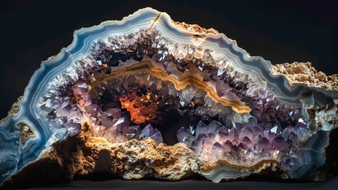 a cutaway of a geode rock with shining crystals inside