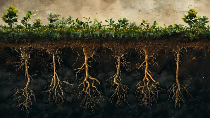 an illustration of plants above ground and their roots spreading below the surface