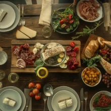 a top down view of a gourmet meal spread out on a table with gorgeous detail