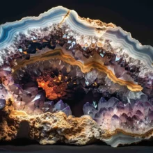 a cutaway of a geode rock with shining crystals inside