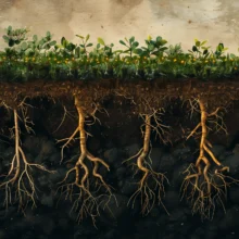 an illustration of plants above ground and their roots spreading below the surface