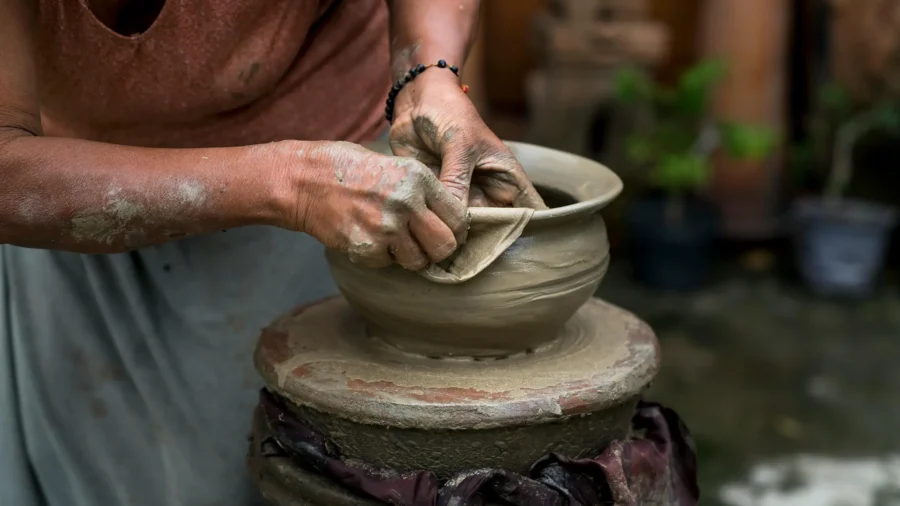 a white woman creating a clay pot on a potter's wheel