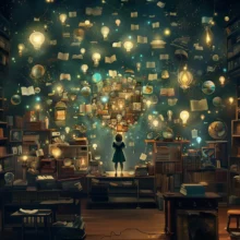 a girl standing in a library with lightbulbs, glowing orbs, and other fantastic things swirling around her head
