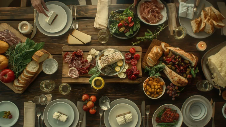 a top down view of a gourmet meal spread out on a table with gorgeous detail