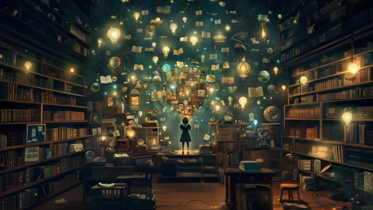 a woman standing in a library with lightbulbs, glowing orbs, and other fantastic things swirling around her head